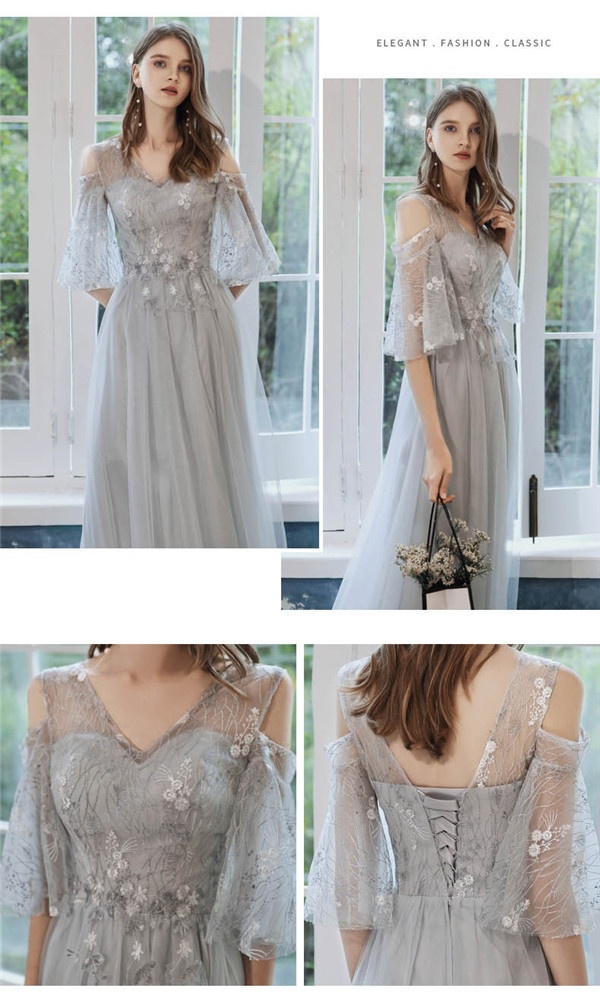 ブライズメイド ドレス ロングドレス パーティードレス グレー 締め