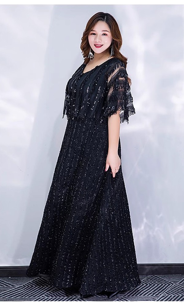 ロングドレス 演奏会 袖付き 黒 大きいサイズ ぽっちゃり ファスナータイプ 深いVネック ドレス 大人 ピアノ 発表会 レディーズ パーティードレス 母親 結婚式 演奏会 ピアノ発表会 演奏会用ドレス ネイビー エレガント フェミニンブラック 2L 3L 4L 5L da016l9_6