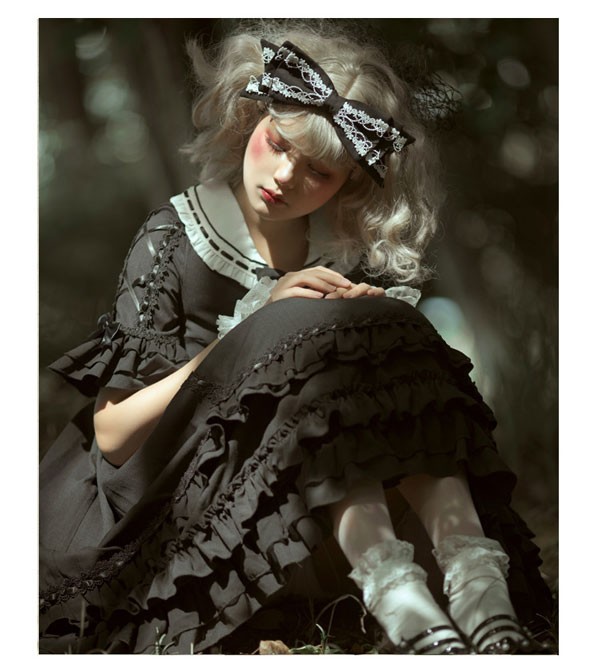 【送料無料】ゴシックロリータ ワンピース 黒 フリル 病みかわいい 膝丈 暗黒系 ロリータop プリンセスドレス Lolita ロリータ服 コスチューム_4