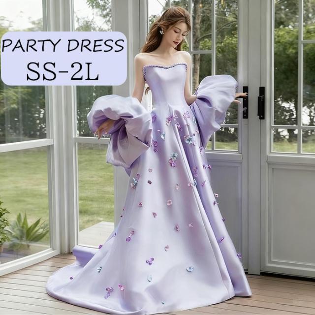 パーティードレス ロングドレス レディース ラベンダー パープル サテン ストラップレス 発表会 成人式 卒業式 花嫁 結婚式 二次会 前撮り プリンセスドレス 高級感 コンクール イブニングドレス ロング 演奏会ドレス ステージドレス SS S M L 2L