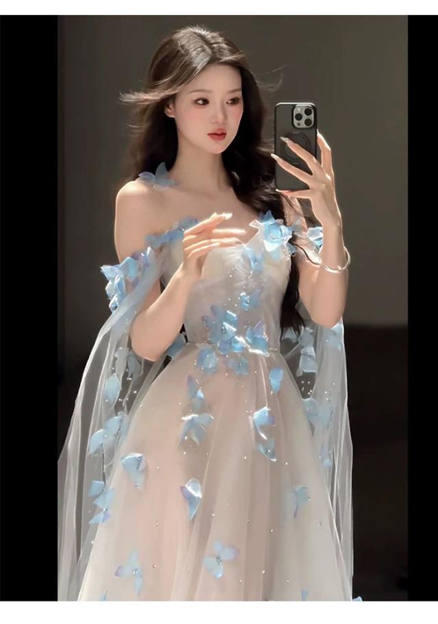 パーティードレス ロングドレス レディース ブルー チュール 花びらデザイン 高級感 フランス風 エレガント 演奏会 演奏会用ドレス ピアノ発表会 結婚式 高校生 コンクール イブニングドレス ロング 演奏会ドレス ステージドレス SS S M L 2L_1