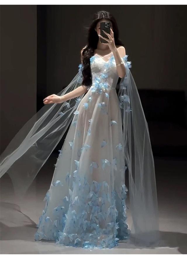 パーティードレス ロングドレス レディース ブルー チュール 花びらデザイン 高級感 フランス風 エレガント 演奏会 演奏会用ドレス ピアノ発表会 結婚式 高校生 コンクール イブニングドレス ロング 演奏会ドレス ステージドレス SS S M L 2L_2