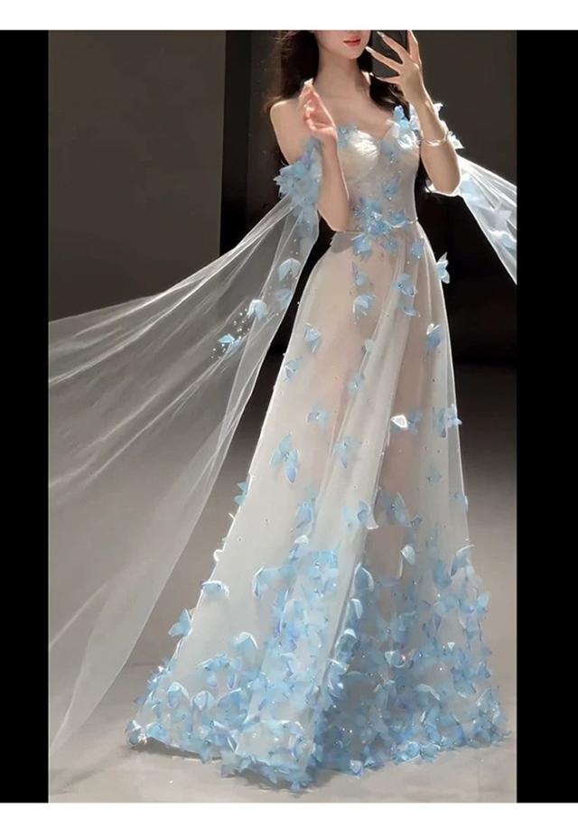 パーティードレス ロングドレス レディース ブルー チュール 花びらデザイン 高級感 フランス風 エレガント 演奏会 演奏会用ドレス ピアノ発表会 結婚式 高校生 コンクール イブニングドレス ロング 演奏会ドレス ステージドレス SS S M L 2L_3