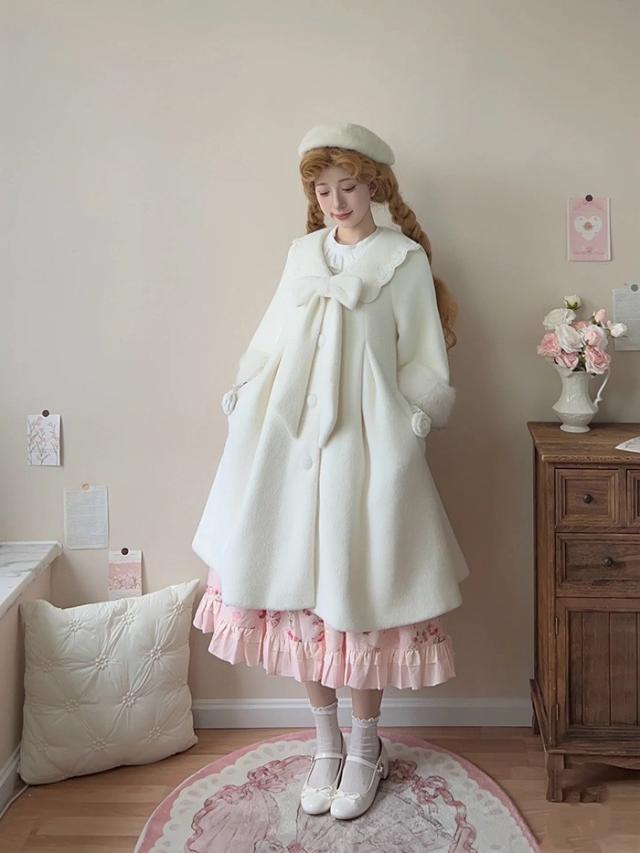 ステンカラーコート 冬服 レディース ジャケット 膝丈 もこもこ フリル コート ロリータ ロリータコート ロリータアウター トップス アウター 小柄 可愛い 学生 通学 通勤 日常着 着痩せ 女の子 長袖 袖あり 秋 冬 衣装 ゴスロリ 厚手 防寒 寒さ対策 秋冬 オシャレ