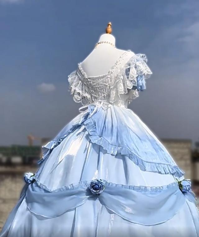 ワンピース ロリータ Lolita ブルー  成人式 パフスカート S M L XL おしゃれ コスプレ お嬢様 パーティー プレゼント イブニングドレス レディース コスチューム ドレス プリンセス ロマンティック ワンピース ロリータ Lolita ブルー 成人式 パフスカート S M L XL