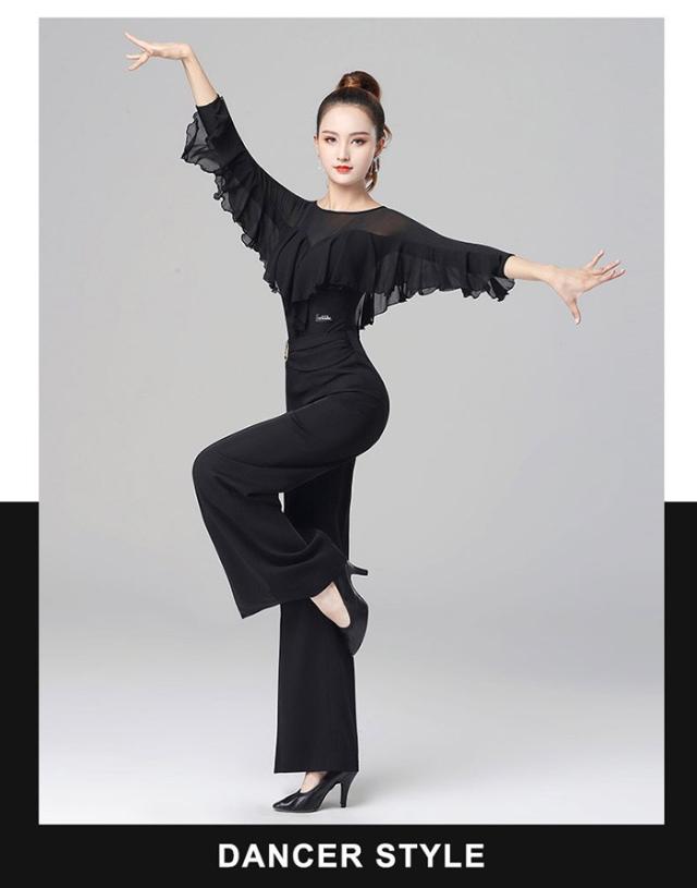 社交ダンス トップス レオタード フレア袖 股下ホック 透け感 フリル 胸パッド付 ブラック レッド 七分袖 ラテン モダン タンゴ サンバ ダンスウェア レディース 社交ダンス衣装 コンサート 舞台用 ステージ衣装 練習着 レッスンウェア dj002lclcjc_13