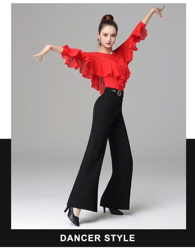 社交ダンス　フラメンコ フリルトップス　レオダート レッド オーダーメイド 社交ダンス トップス レオタード フレア袖 股下ホック 透け感 フリル