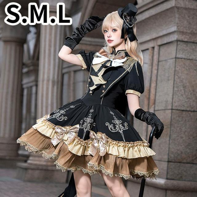 ロリータ ワンピース ショール OP 半袖 ブラック×ゴールド レディース 夏 クラシカル 甘ロリ 上品 コスチューム 仮装 イベント ダンス 卒業式 余興 学園祭 演劇 舞台 学芸会 文化祭 ハロウィン S M L