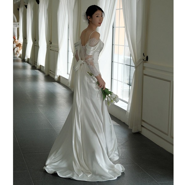 ウエディングドレス ロング サテン ドレス パーティードレス ボート