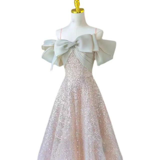 お呼ばれドレス ロングドレス オフショルダー 袖あり プリンセス 上品