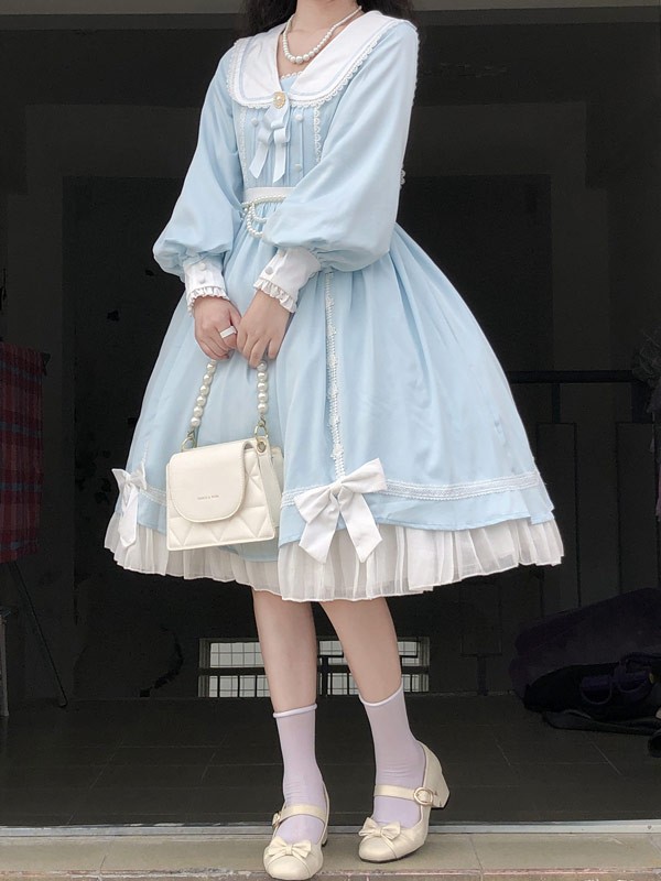 ゴスロリ ロリータ 上下セット メイド服 コスプレ衣装 ロング ショート  Aライン ハイウエストスカート コスチューム リボン パフスリーブ 長袖 袖付き クリスマス ハロウィン 仮装 学園祭 文化祭 シスター 合唱 イベント_6