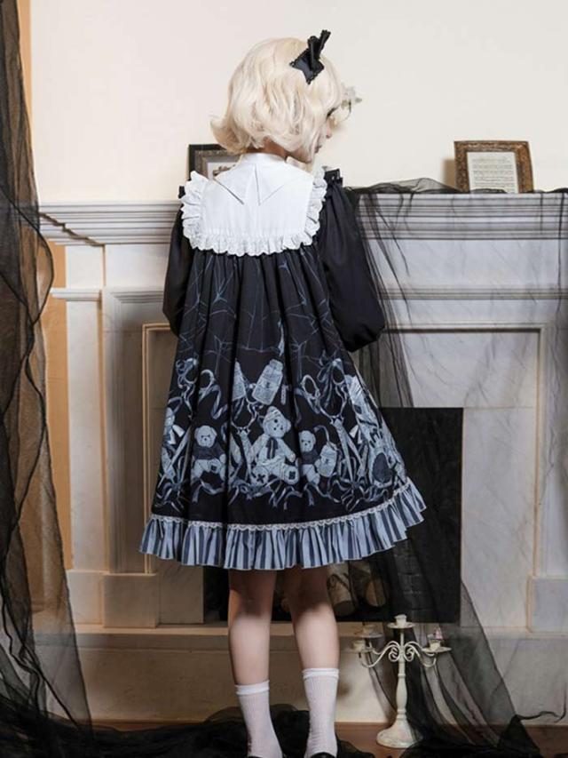ロリータ ワンピース 大きいサイズ 可愛い お姫様 Lolita ロリータ服　ロリータ リボン 可愛い ゆったり 体型カバー ベルト付き アイドル衣装 コスチューム コスプレ衣装 文化祭 学園祭 かわいい 萌え クマ柄 Aライン イベント ロリータファション ブラック L 2L 3L 4L 5L
