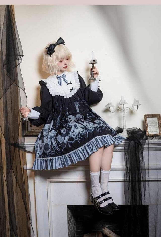 ロリータ ワンピース 大きいサイズ 可愛い お姫様 Lolita ロリータ服　ロリータ リボン 可愛い ゆったり 体型カバー ベルト付き アイドル衣装 コスチューム コスプレ衣装 文化祭 学園祭 かわいい 萌え クマ柄 Aライン イベント ロリータファション ブラック L 2L 3L 4L 5L