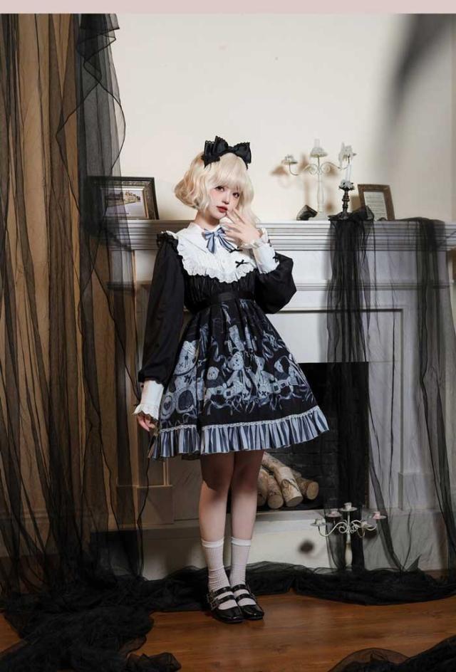 ロリータ ワンピース 大きいサイズ 可愛い お姫様 Lolita ロリータ服　ロリータ リボン 可愛い ゆったり 体型カバー ベルト付き アイドル衣装 コスチューム コスプレ衣装 文化祭 学園祭 かわいい 萌え クマ柄 Aライン イベント ロリータファション ブラック L 2L 3L 4L 5L