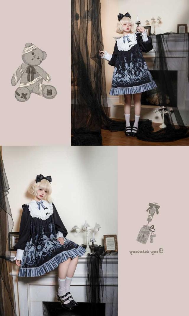 ロリータ ワンピース 大きいサイズ 可愛い お姫様 Lolita ロリータ服　ロリータ リボン 可愛い ゆったり 体型カバー ベルト付き アイドル衣装 コスチューム コスプレ衣装 文化祭 学園祭 かわいい 萌え クマ柄 Aライン イベント ロリータファション ブラック L 2L 3L 4L 5L