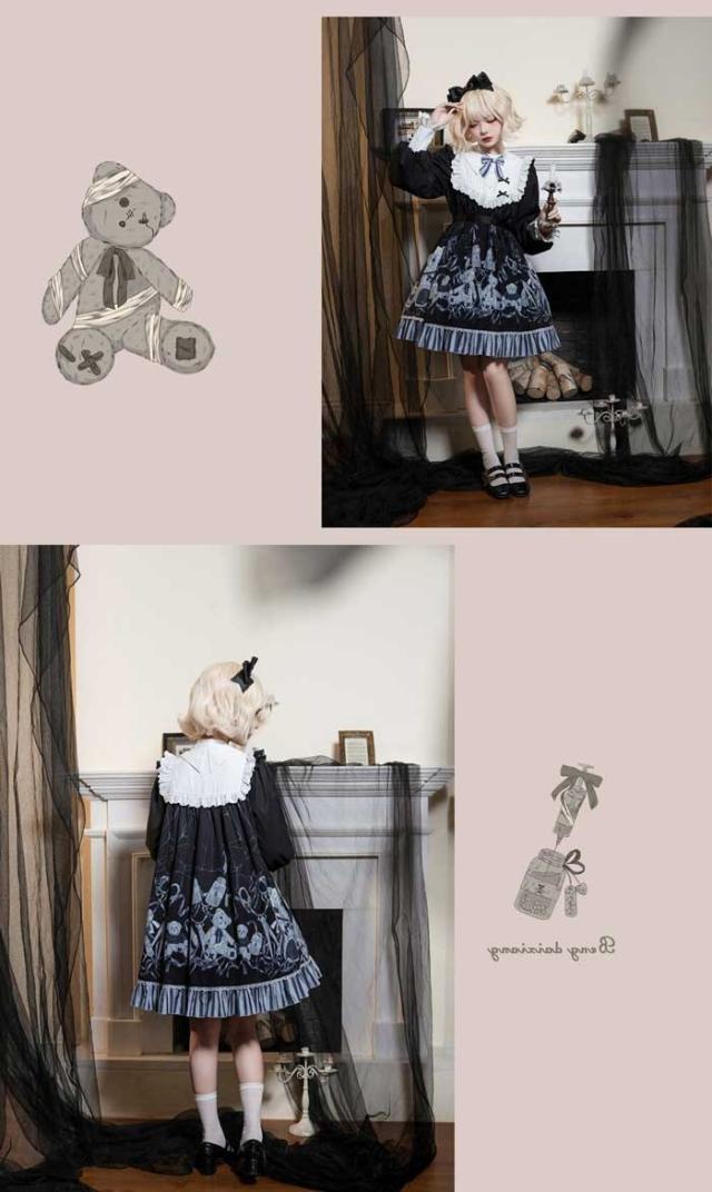 ロリータ ワンピース 大きいサイズ 可愛い お姫様 Lolita ロリータ服　ロリータ リボン 可愛い ゆったり 体型カバー ベルト付き アイドル衣装 コスチューム コスプレ衣装 文化祭 学園祭 かわいい 萌え クマ柄 Aライン イベント ロリータファション ブラック L 2L 3L 4L 5L
