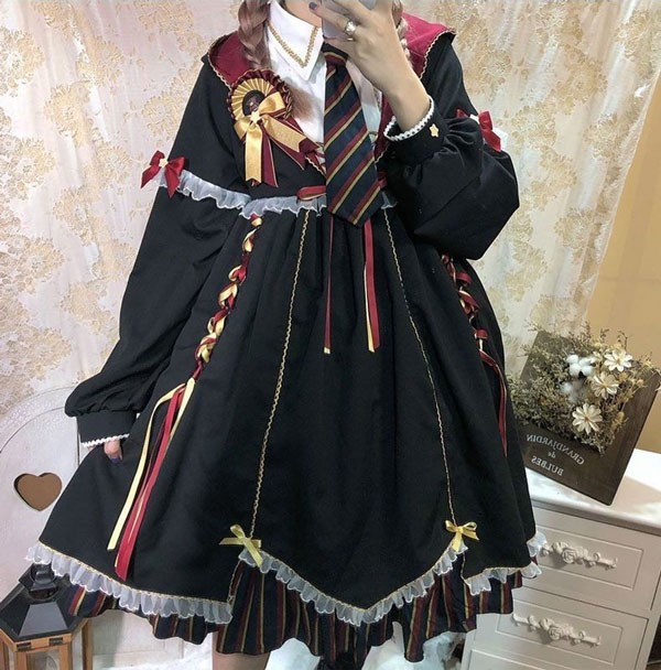【送料無料】ワンピース ロリータ ハイウエスト 膝丈 学生風 魔法使い レディース ゴスロリ 制服 ロリィタファッション フリル 長袖 暗黒系 ロリータワンピース コスチューム コスプレ 衣装 可愛い 仮装 コスチューム ハロウィン パーティ_4