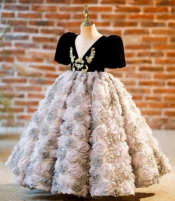 キッズドレス ボリューム袖 切り替え ロングドレス 編み上げタイプ 袖