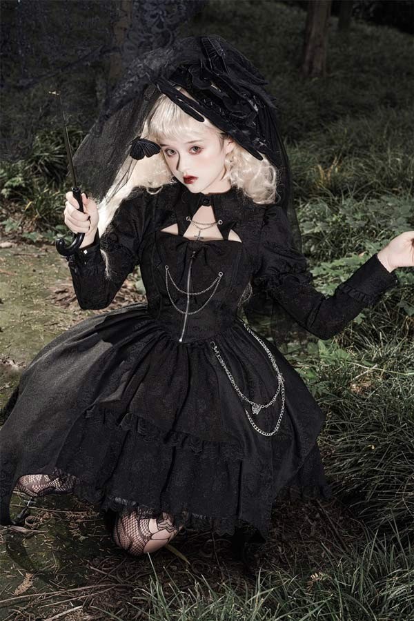 ワンピース ロリータ ハロウィン 魔女風 ウイッチ 魔法使い ショート丈 ミニ レディース ゴスロリ ハイウエスト Aライン 暗黒風 ロリィタファッション 長袖 ロリータワンピース コスチューム_9