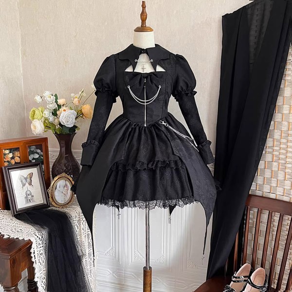 ワンピース ロリータ ハロウィン 魔女風 ウイッチ 魔法使い ショート丈 ミニ レディース ゴスロリ ハイウエスト Aライン 暗黒風 ロリィタファッション 長袖 ロリータワンピース コスチューム_11