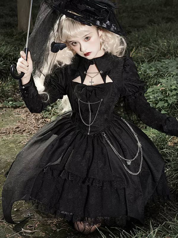 ワンピース ロリータ ハロウィン 魔女風 ウイッチ 魔法使い ショート丈 ミニ レディース ゴスロリ ハイウエスト Aライン 暗黒風 ロリィタファッション 長袖 ロリータワンピース コスチューム_2