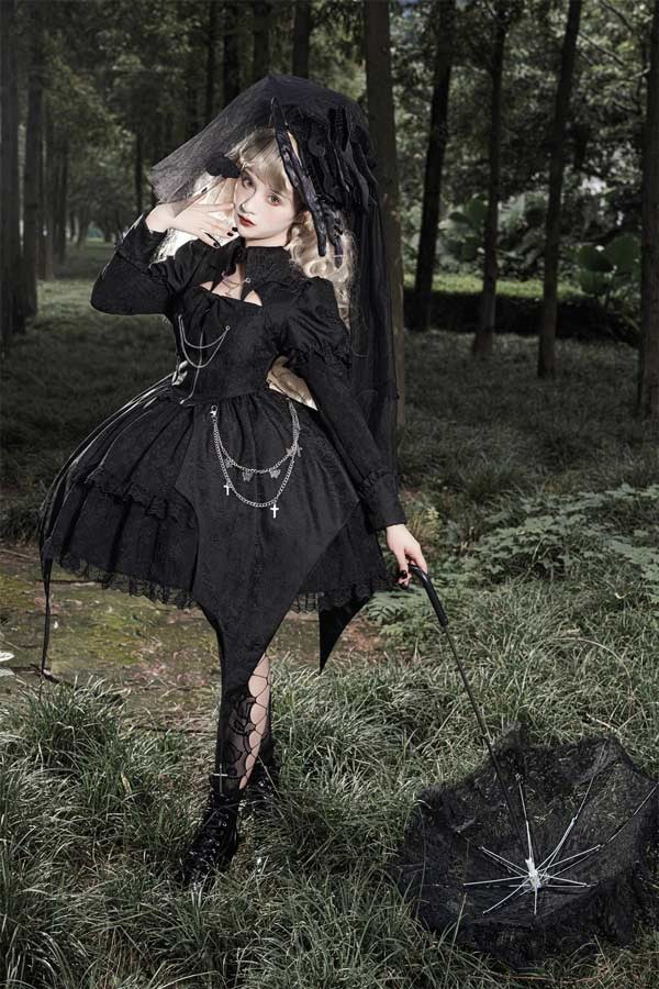 ワンピース ロリータ ハロウィン 魔女風 ウイッチ 魔法使い ショート丈 ミニ レディース ゴスロリ ハイウエスト Aライン 暗黒風 ロリィタファッション 長袖 ロリータワンピース コスチューム_3