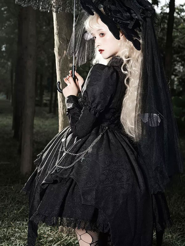 ワンピース ロリータ ハロウィン 魔女風 ウイッチ 魔法使い ショート丈 ミニ レディース ゴスロリ ハイウエスト Aライン 暗黒風 ロリィタファッション 長袖 ロリータワンピース コスチューム_4