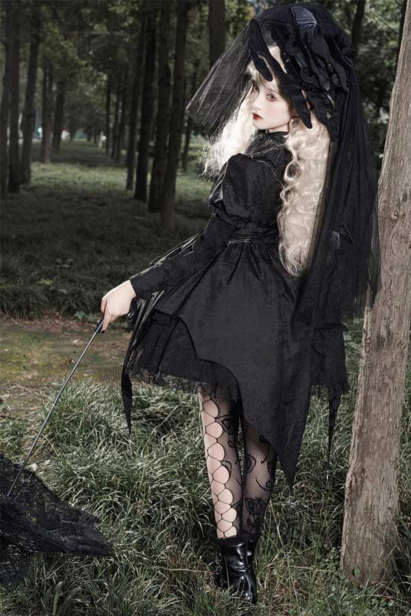 ワンピース ロリータ ハロウィン 魔女風 ウイッチ 魔法使い ショート丈 ミニ レディース ゴスロリ ハイウエスト Aライン 暗黒風 ロリィタファッション 長袖 ロリータワンピース コスチューム_5