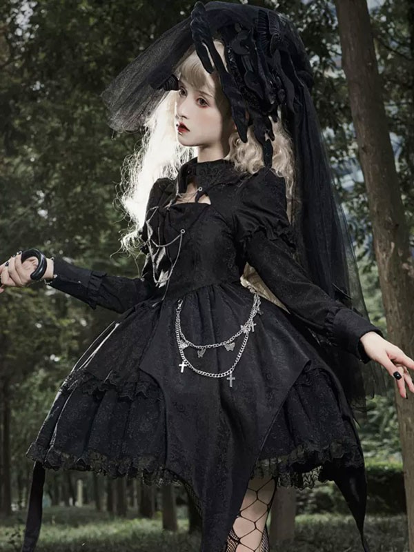 ワンピース ロリータ ハロウィン 魔女風 ウイッチ 魔法使い ショート丈 ミニ レディース ゴスロリ ハイウエスト Aライン 暗黒風 ロリィタファッション 長袖 ロリータワンピース コスチューム_7