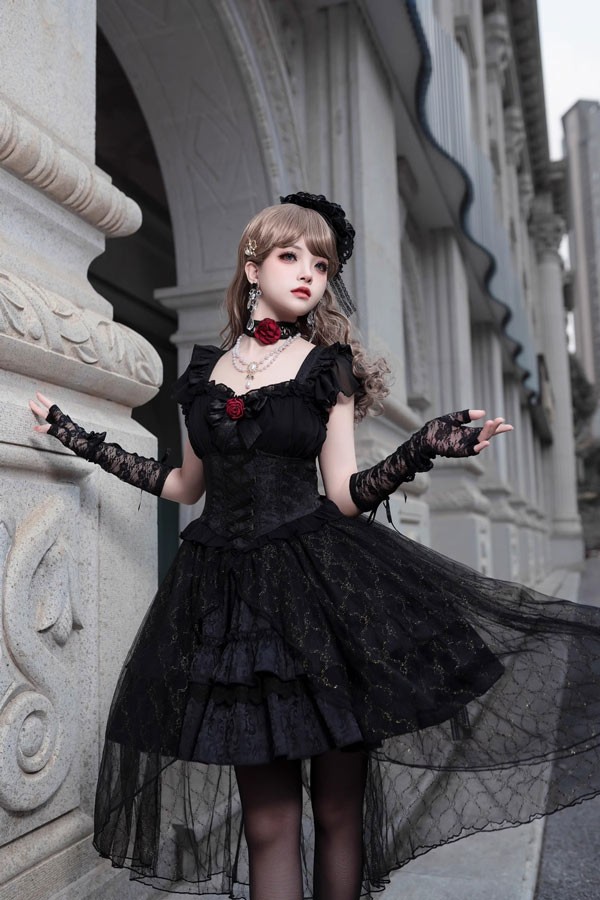 ワンピース ロリータ ハロウィン 魔女風 ビッグリボン ウイッチ 魔法使い 花嫁風 フィッシュテール レディース ゴスロリ ハイウエスト フリル 暗黒風 ロリィタファッション ロリータワンピース コスチューム_4