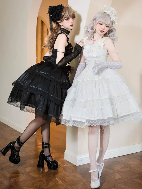 ワンピース ロリータ ハロウィン リボン 膝丈 レディース ゴスロリ ハイウエスト Aライン 暗黒風 ロリィタファッション ノースリーブ フリル ロリータワンピース コスチューム コスプレ衣装_1