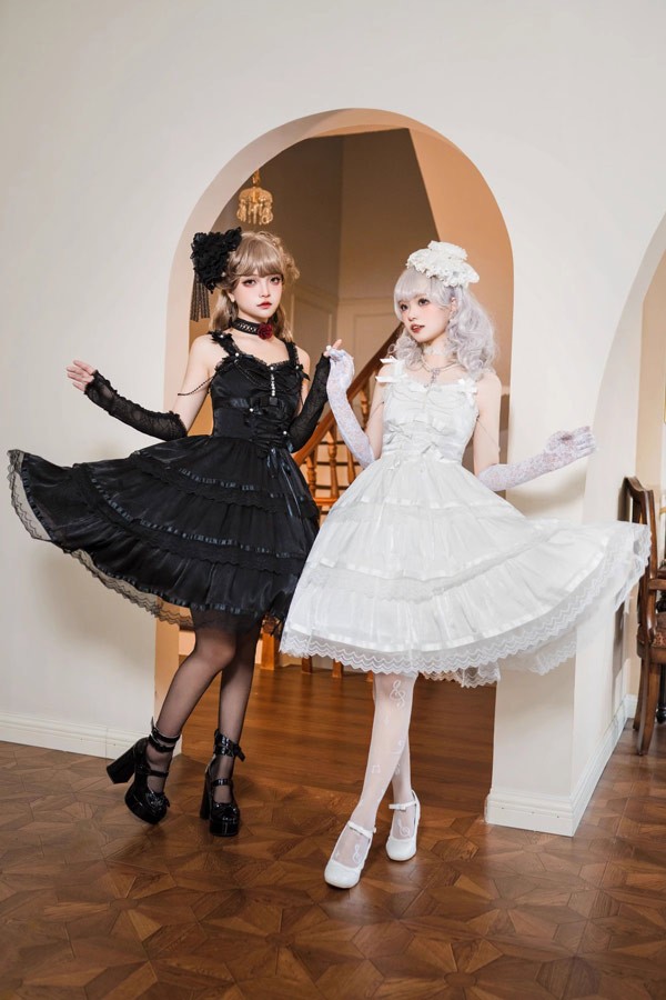 ワンピース ロリータ ハロウィン リボン 膝丈 レディース ゴスロリ ハイウエスト Aライン 暗黒風 ロリィタファッション ノースリーブ フリル ロリータワンピース コスチューム コスプレ衣装_2