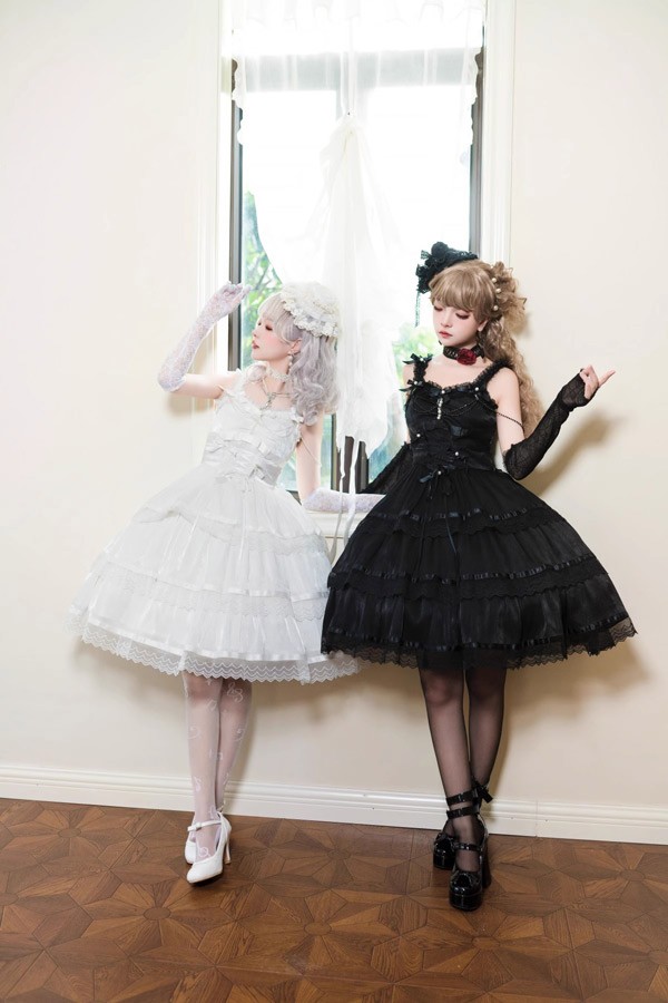 ワンピース ロリータ ハロウィン リボン 膝丈 レディース ゴスロリ ハイウエスト Aライン 暗黒風 ロリィタファッション ノースリーブ フリル ロリータワンピース コスチューム コスプレ衣装_3