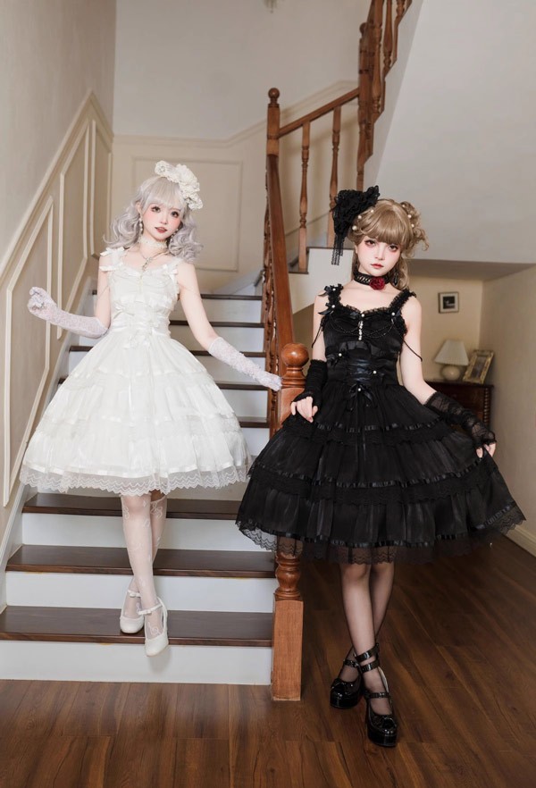 ワンピース ロリータ ハロウィン リボン 膝丈 レディース ゴスロリ ハイウエスト Aライン 暗黒風 ロリィタファッション ノースリーブ フリル ロリータワンピース コスチューム コスプレ衣装_4