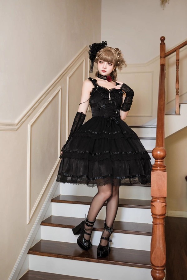 ワンピース ロリータ ハロウィン リボン 膝丈 レディース ゴスロリ ハイウエスト Aライン 暗黒風 ロリィタファッション ノースリーブ フリル ロリータワンピース コスチューム コスプレ衣装_5