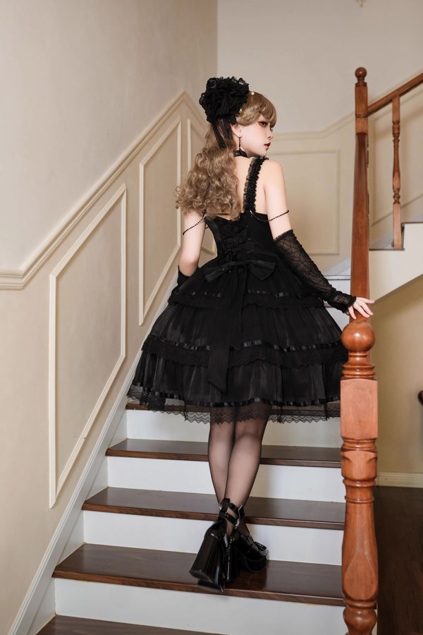 ワンピース ロリータ ハロウィン リボン 膝丈 レディース ゴスロリ ハイウエスト Aライン 暗黒風 ロリィタファッション ノースリーブ フリル ロリータワンピース コスチューム コスプレ衣装_6