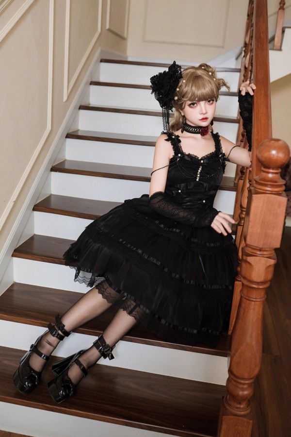 ワンピース ロリータ ハロウィン リボン 膝丈 レディース ゴスロリ ハイウエスト Aライン 暗黒風 ロリィタファッション ノースリーブ フリル ロリータワンピース コスチューム コスプレ衣装_7
