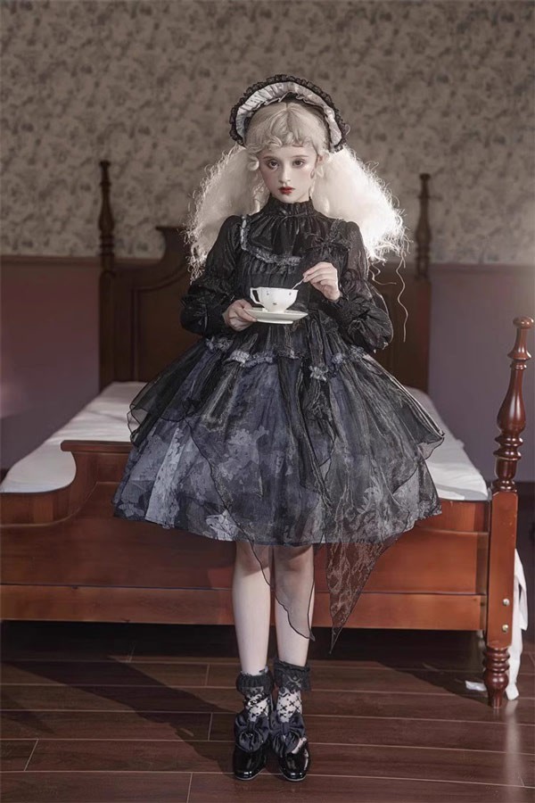 ンピース ロリータ ハロウィン レトロ風 リボン ミモレ丈 レディース Aライン 暗黒風 ロリィタファッション 長袖 フリル ロリータ可愛い_9