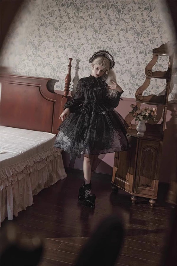 ンピース ロリータ ハロウィン レトロ風 リボン ミモレ丈 レディース Aライン 暗黒風 ロリィタファッション 長袖 フリル ロリータ可愛い_10