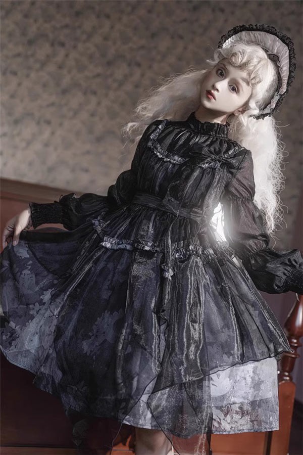 ンピース ロリータ ハロウィン レトロ風 リボン ミモレ丈 レディース Aライン 暗黒風 ロリィタファッション 長袖 フリル ロリータ可愛い_11