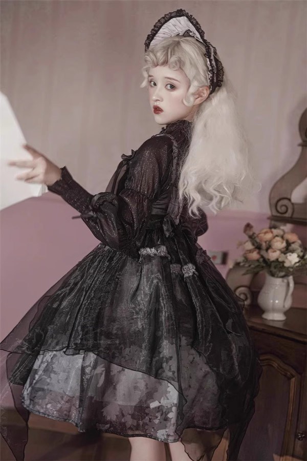ンピース ロリータ ハロウィン レトロ風 リボン ミモレ丈 レディース Aライン 暗黒風 ロリィタファッション 長袖 フリル ロリータ可愛い_12