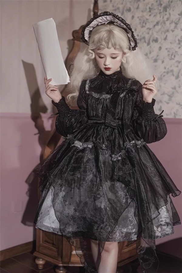 ンピース ロリータ ハロウィン レトロ風 リボン ミモレ丈 レディース Aライン 暗黒風 ロリィタファッション 長袖 フリル ロリータ可愛い_1