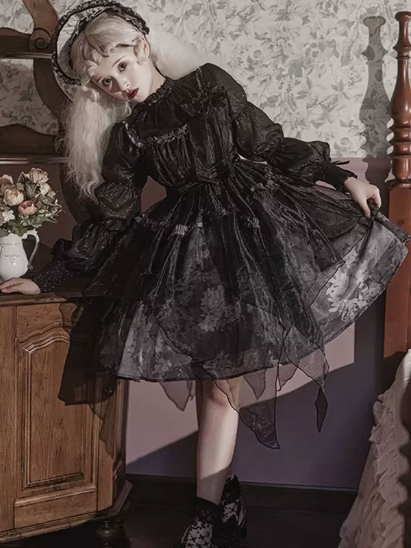 ンピース ロリータ ハロウィン レトロ風 リボン ミモレ丈 レディース Aライン 暗黒風 ロリィタファッション 長袖 フリル ロリータ可愛い_2