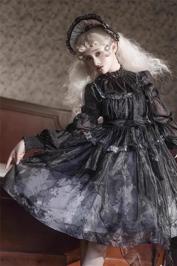 ンピース ロリータ ハロウィン レトロ風 リボン ミモレ丈 レディース Aライン 暗黒風 ロリィタファッション 長袖 フリル ロリータ可愛い_3