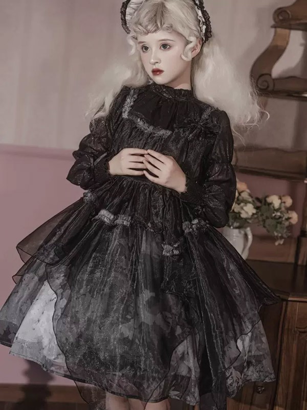 ンピース ロリータ ハロウィン レトロ風 リボン ミモレ丈 レディース Aライン 暗黒風 ロリィタファッション 長袖 フリル ロリータ可愛い_4