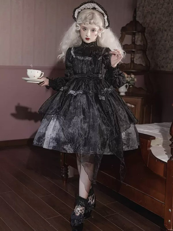 ンピース ロリータ ハロウィン レトロ風 リボン ミモレ丈 レディース Aライン 暗黒風 ロリィタファッション 長袖 フリル ロリータ可愛い_5