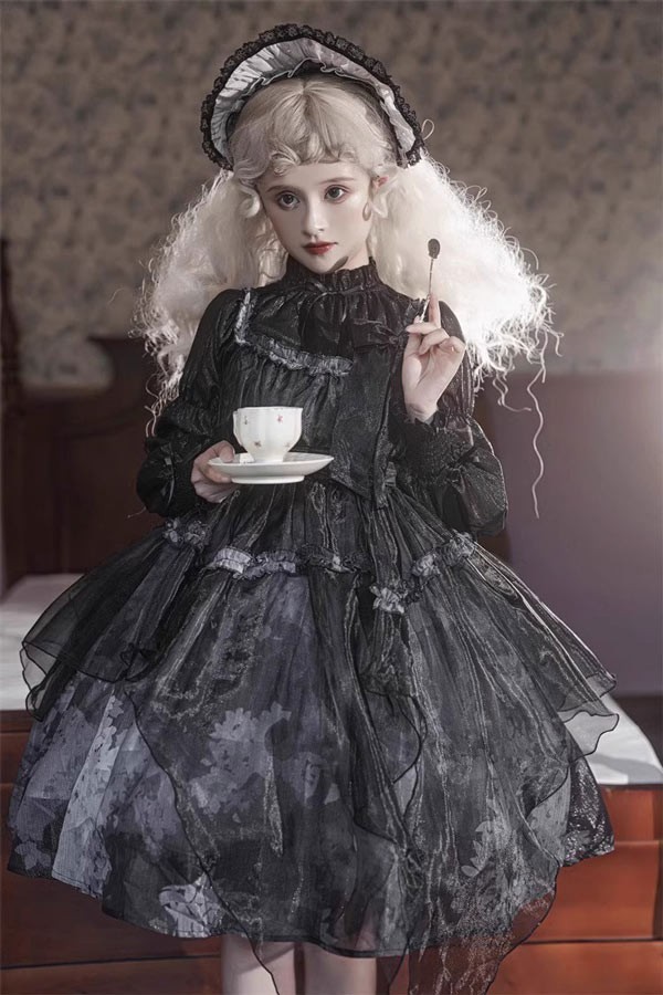 ンピース ロリータ ハロウィン レトロ風 リボン ミモレ丈 レディース Aライン 暗黒風 ロリィタファッション 長袖 フリル ロリータ可愛い_6