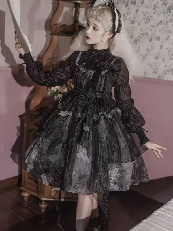 ンピース ロリータ ハロウィン レトロ風 リボン ミモレ丈 レディース Aライン 暗黒風 ロリィタファッション 長袖 フリル ロリータ可愛い_7