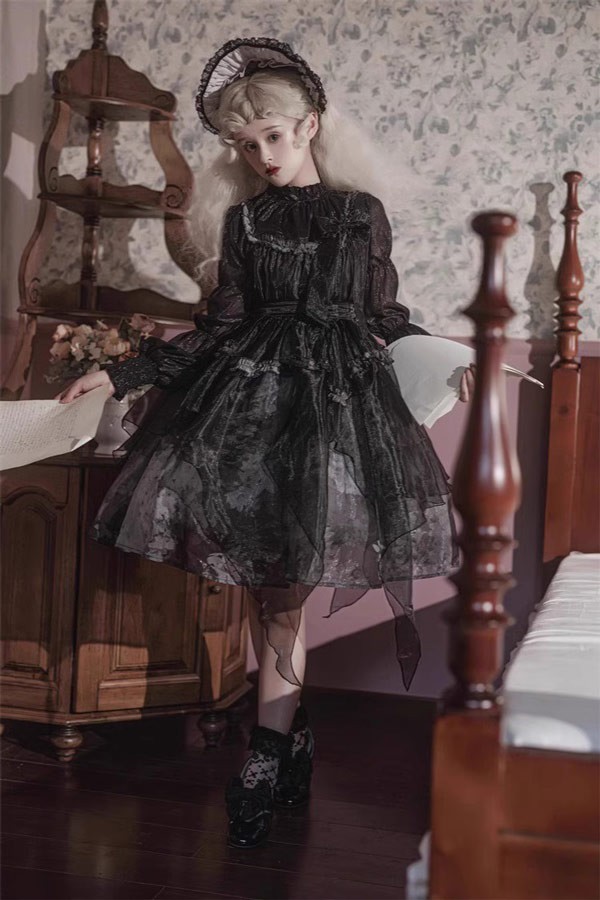 ンピース ロリータ ハロウィン レトロ風 リボン ミモレ丈 レディース Aライン 暗黒風 ロリィタファッション 長袖 フリル ロリータ可愛い_8
