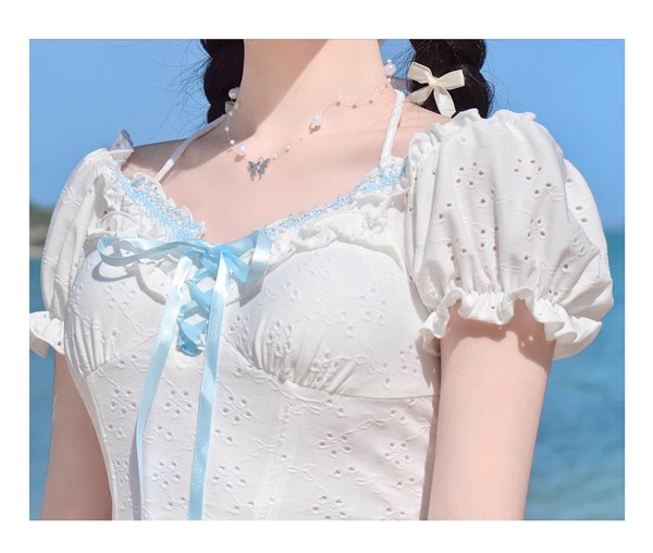 タンキニ水着 ロリータ 服みたいな オフショルダー ホルダーネック 水着 2点セット 半袖 リボン ワイヤーなし パッド付 レディース ティアードスカート ハイウエスト 花柄 フリル 着痩せ シンプル 写真映え 撮影用 海 夏 サマー ジュニア 学生 女の子 オフホワイト M L タンキニ水着 ロリータ 服みたいな オフショルダー ホルダーネック